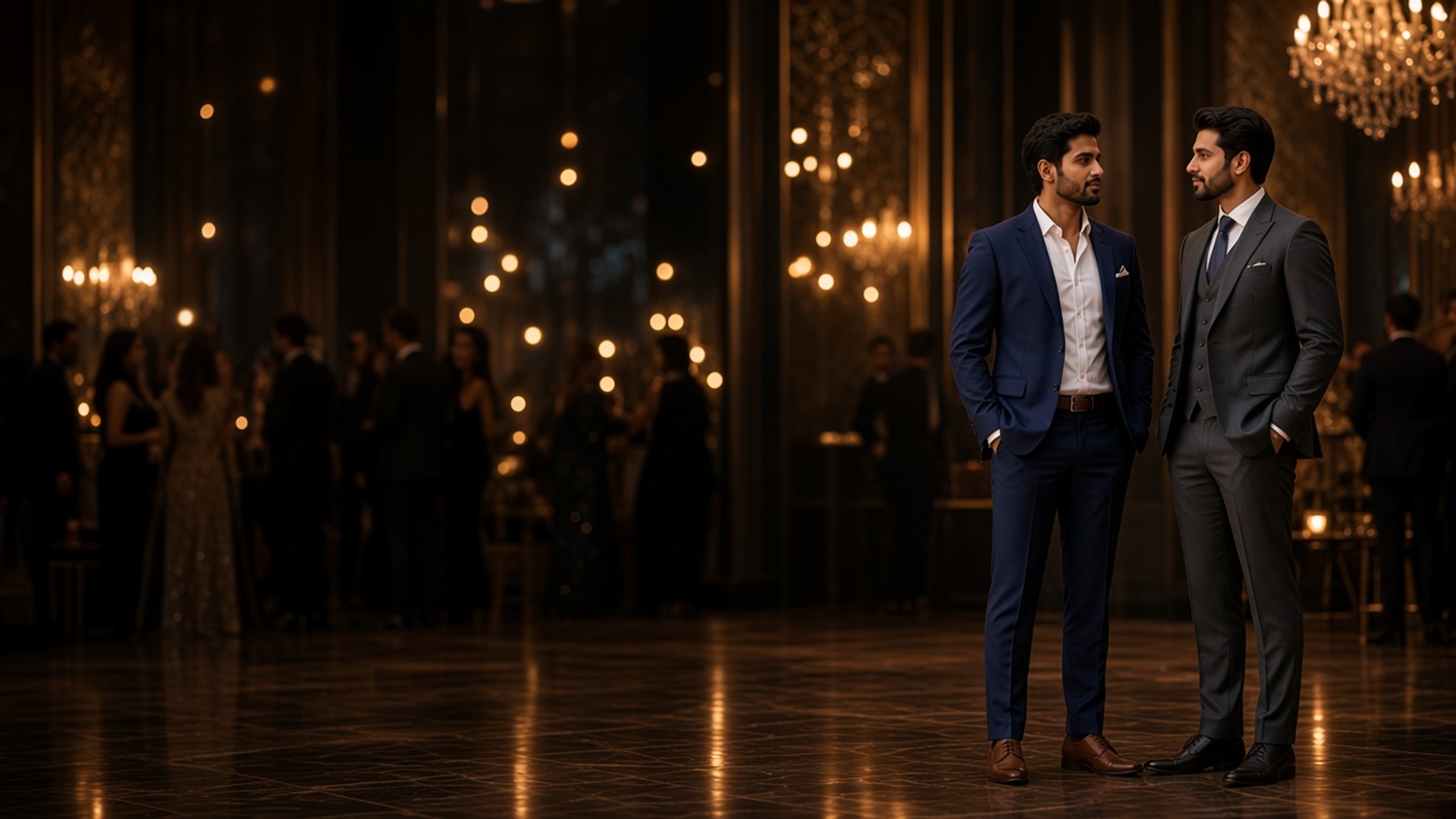 Two men in custom suits talking full-length at a dark upscale evening party