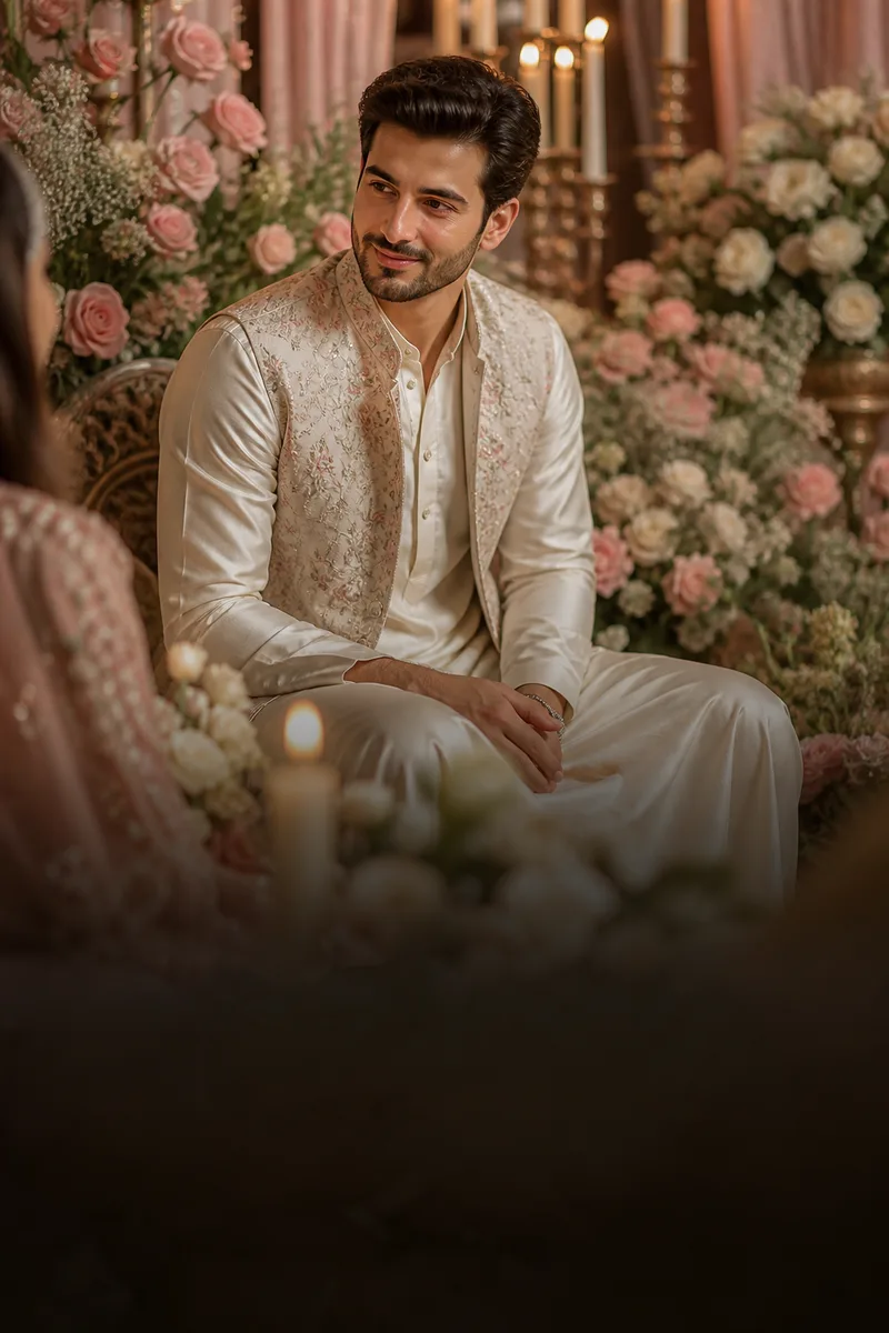Man in an ivory kurta and pastel jacket at a floral ring ceremony