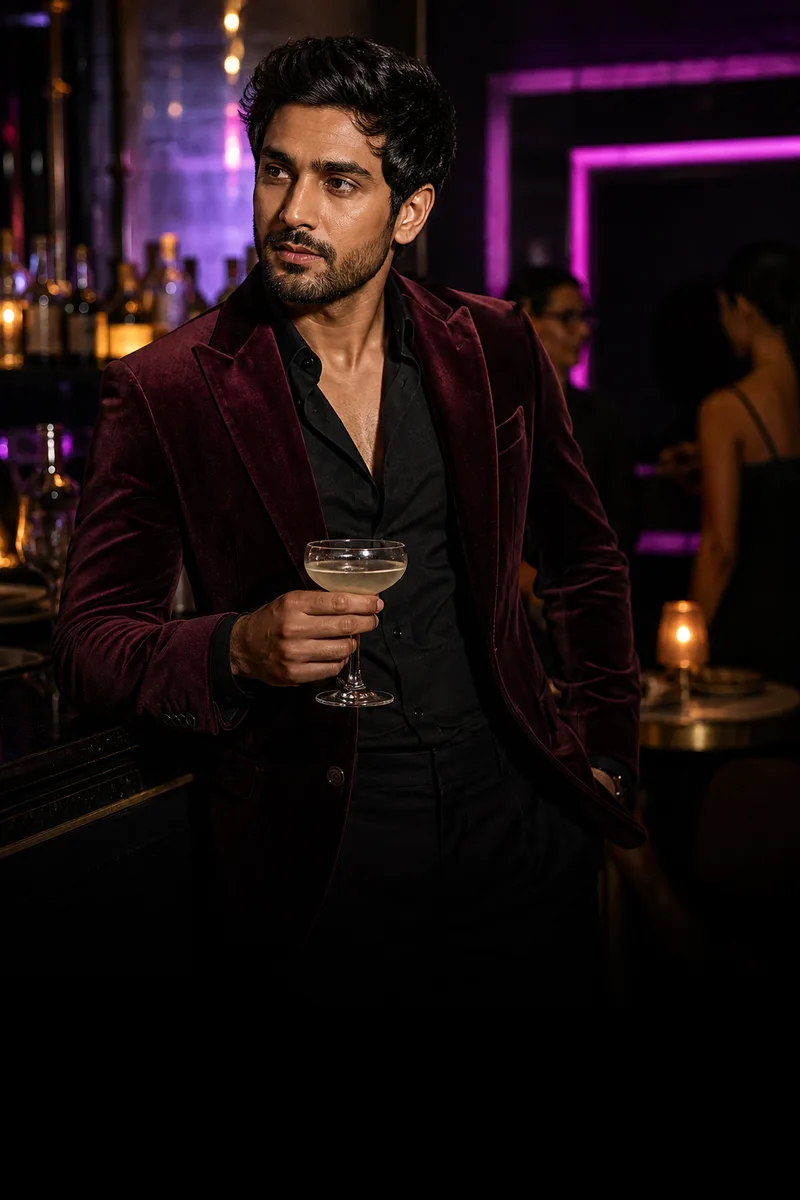 Man in a burgundy velvet blazer with a cocktail in a lounge bar