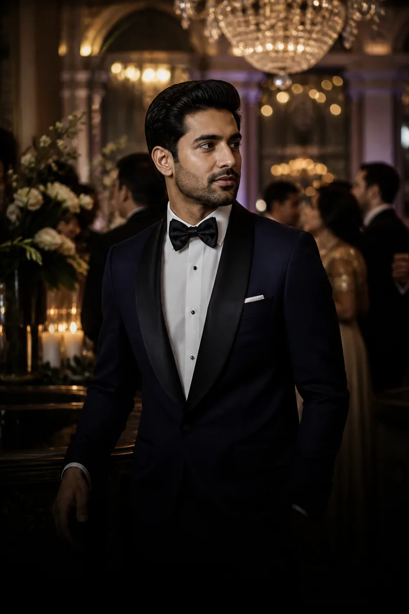 Man in a midnight-blue tuxedo under chandelier light at a reception