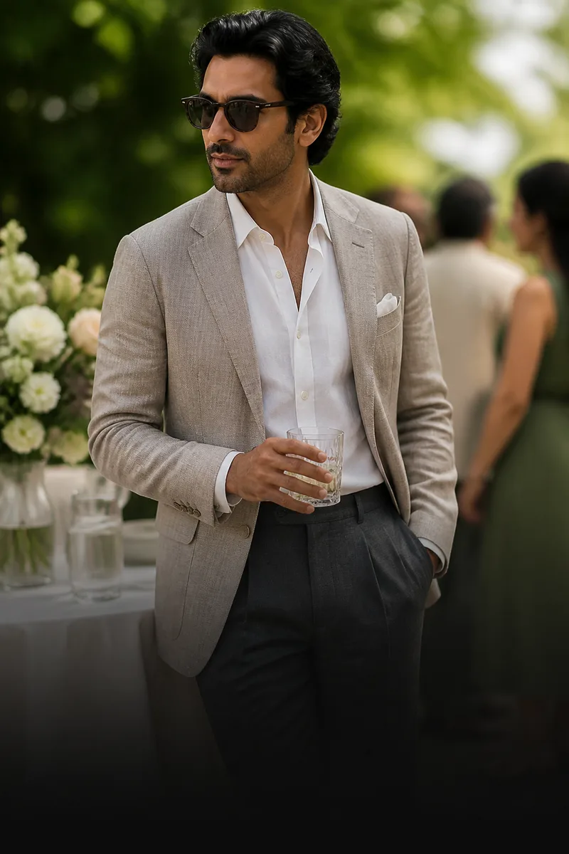Man in a taupe linen blazer at a daytime garden gathering