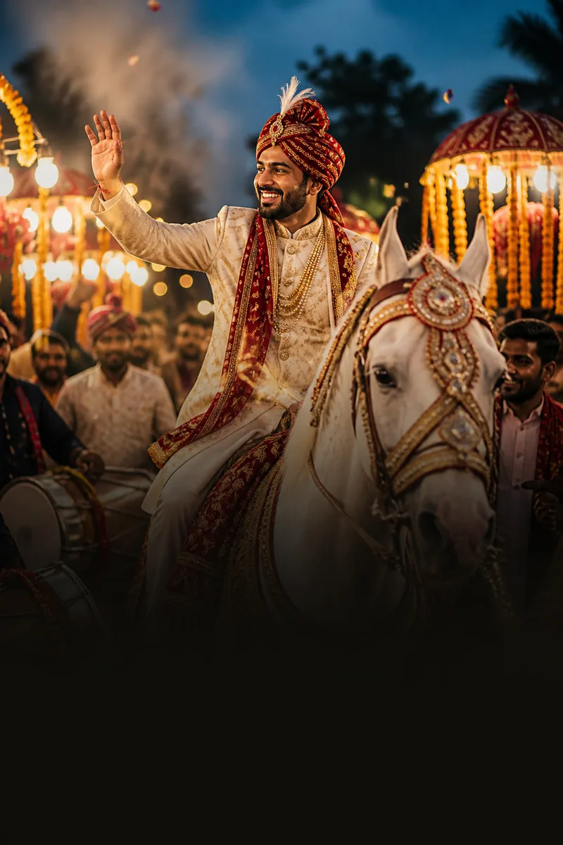 Groom in cream and gold sherwani on a decorated baraat horse at dusk