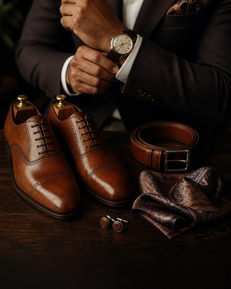 Cognac oxfords, pocket square, and watch cuff finishing details