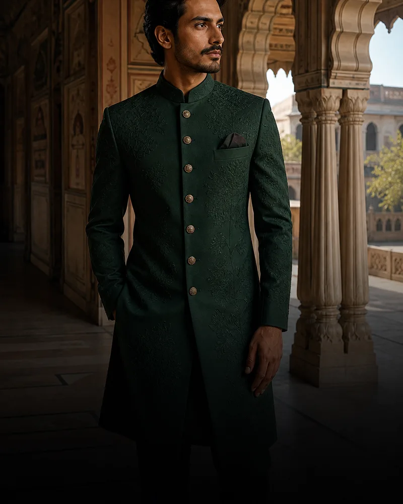 Man in an emerald bandhgala in a heritage sandstone corridor