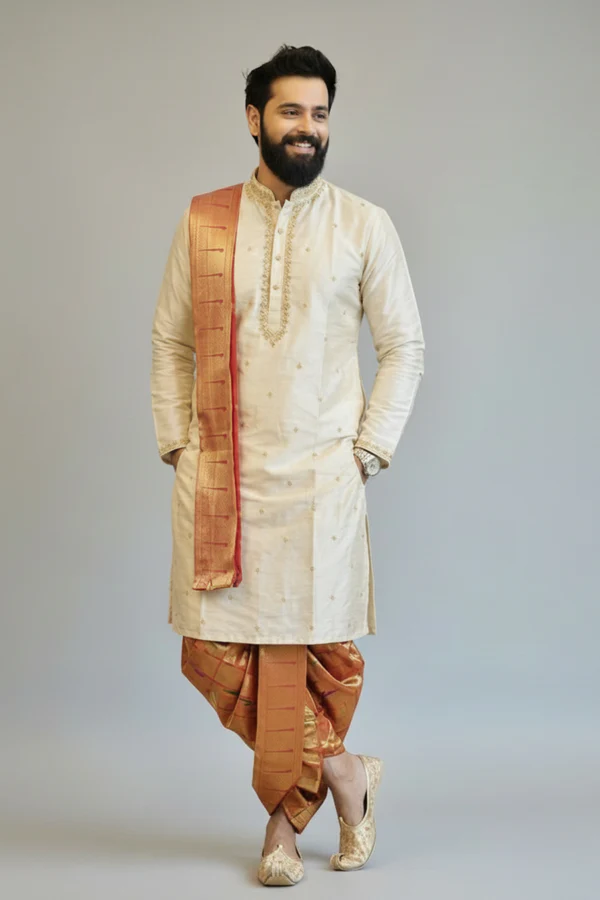 Traditional silk pattu pancha for South Indian wedding occasions