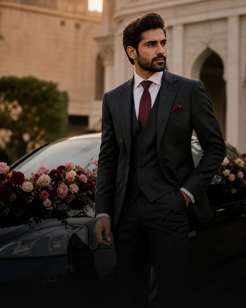 Groom in a charcoal three-piece suit beside a flower-decked car