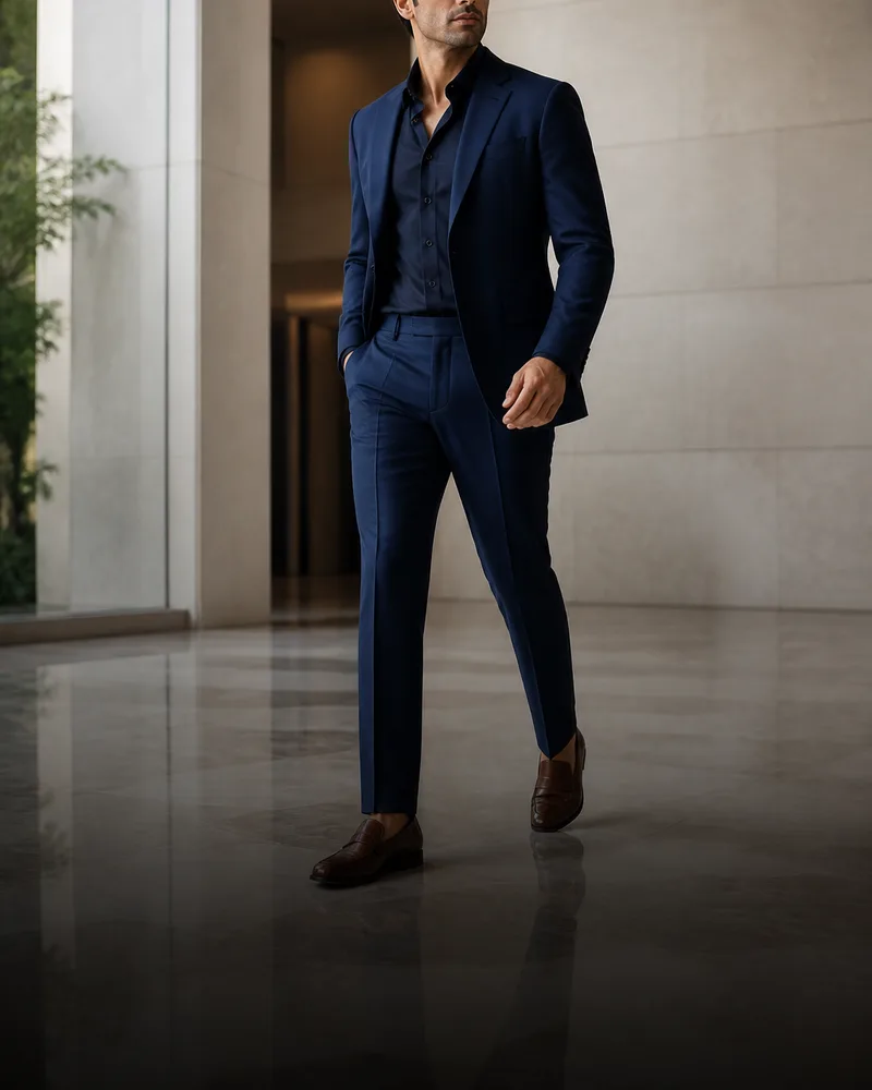 Navy tailored trousers with a clean crease and leather loafers